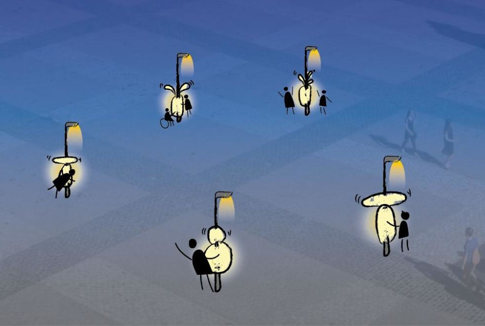 An illustration of 5 round creatures attached to lamp posts with stick people playing, touching, and hugging them. The illustration is on top of a phot of an open square with people walking. The image background is blue fading downwards to a light brown. 
