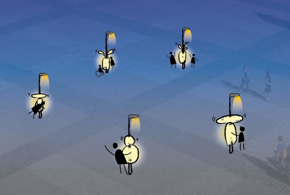 An illustration of 5 round creatures attached to lamp posts with stick people playing, touching, and hugging them. The illustration is on top of a phot of an open square with people walking. The image background is blue fading downwards to a light brown.