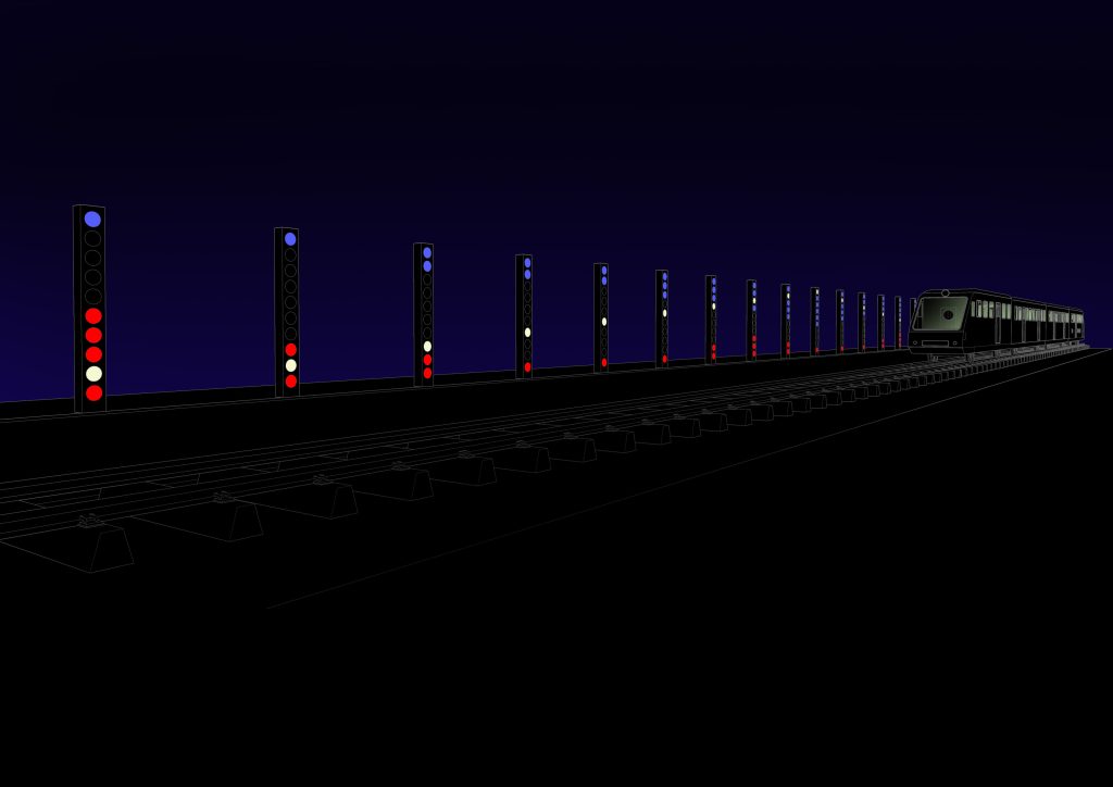 An illustration of a train travelling along train tracks. Positioned equally along the train tracks are tall black rectangles with white, blue and red circles at different heights. The illustration background is black and dark blue. The train is black with white outlines and white squares for the windows. 
