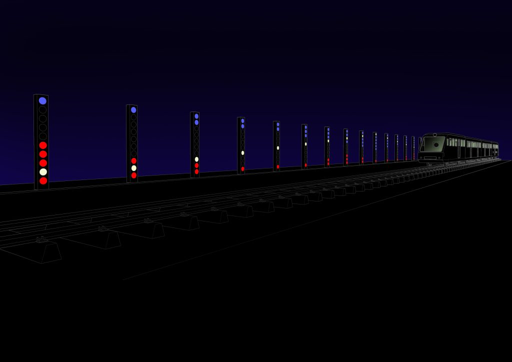 An illustration of a train travelling along train tracks. Positioned equally along the train tracks are tall black rectangles with white, blue and red circles at different heights. The illustration background is black and dark blue. The train is black with white outlines and white squares for the windows.