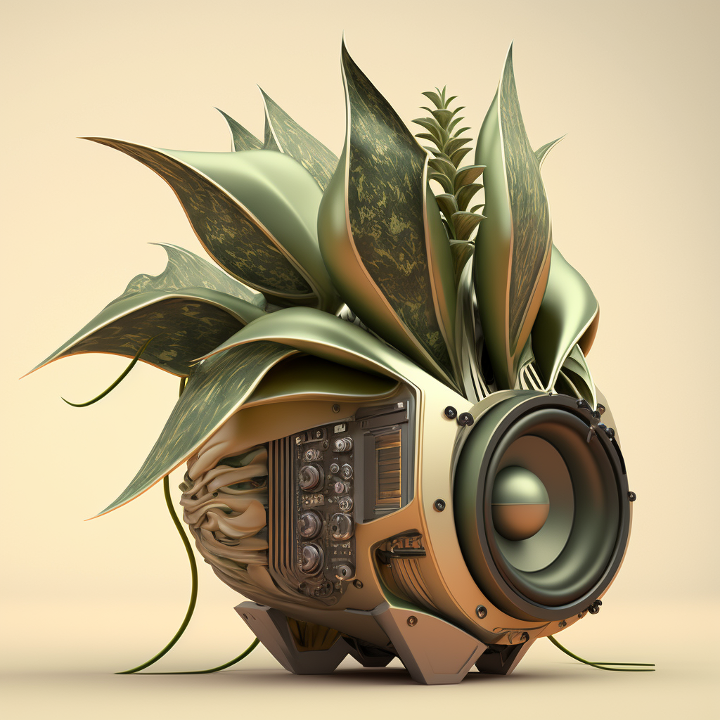A rounded light gold colour speaker with pointed metallic green leaves coming from the top. The speaker is standing in front of a cream coloured background.