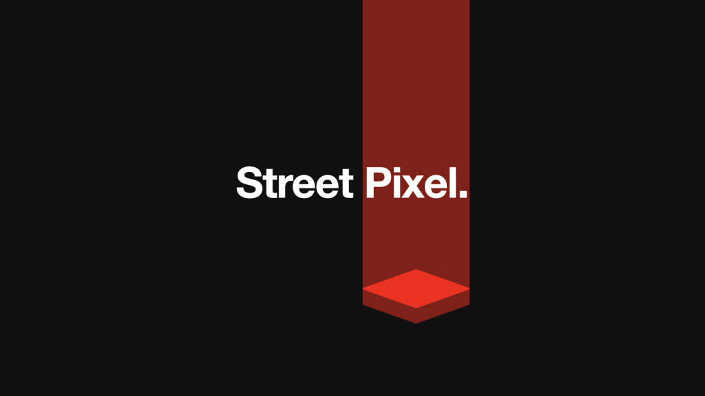 A black background with white text saying 'street pixel' in the centre. Under the word pixel is a red square with a red stripe going up. 